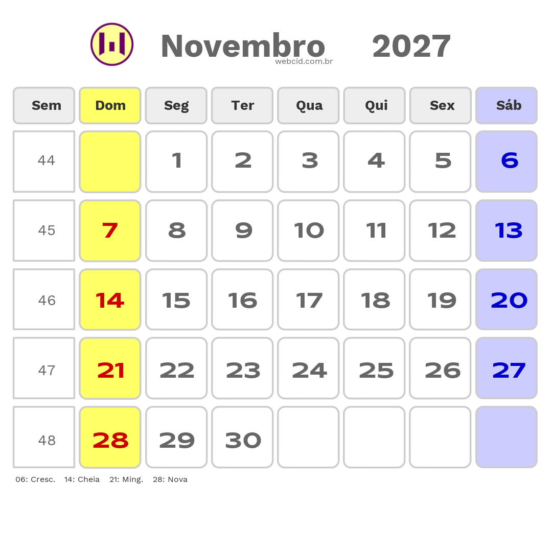 Calendário 2027 - Novembro - Moçambique com feriados e fases da lua