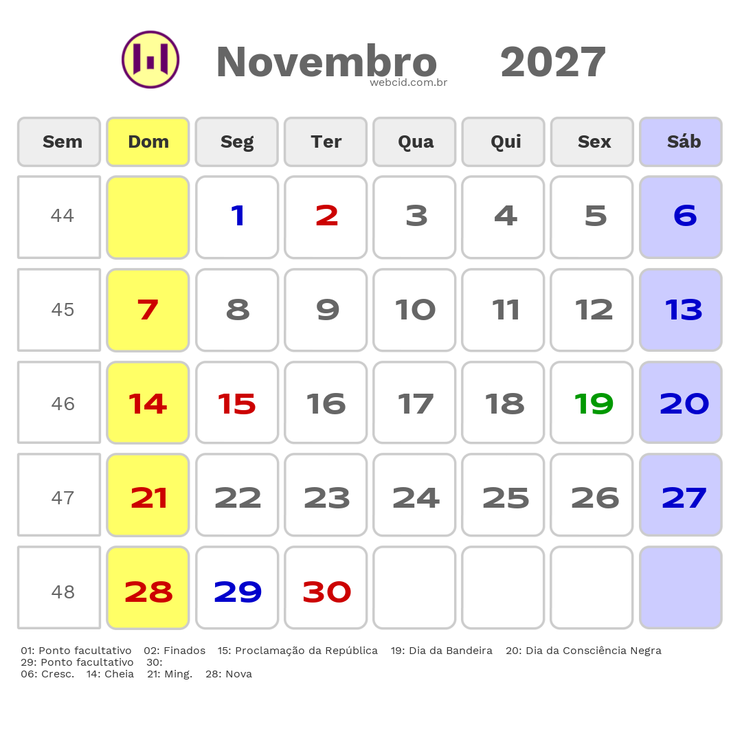 Calendário 2027 - Novembro - Santa Cruz-RN com feriados e fases da lua