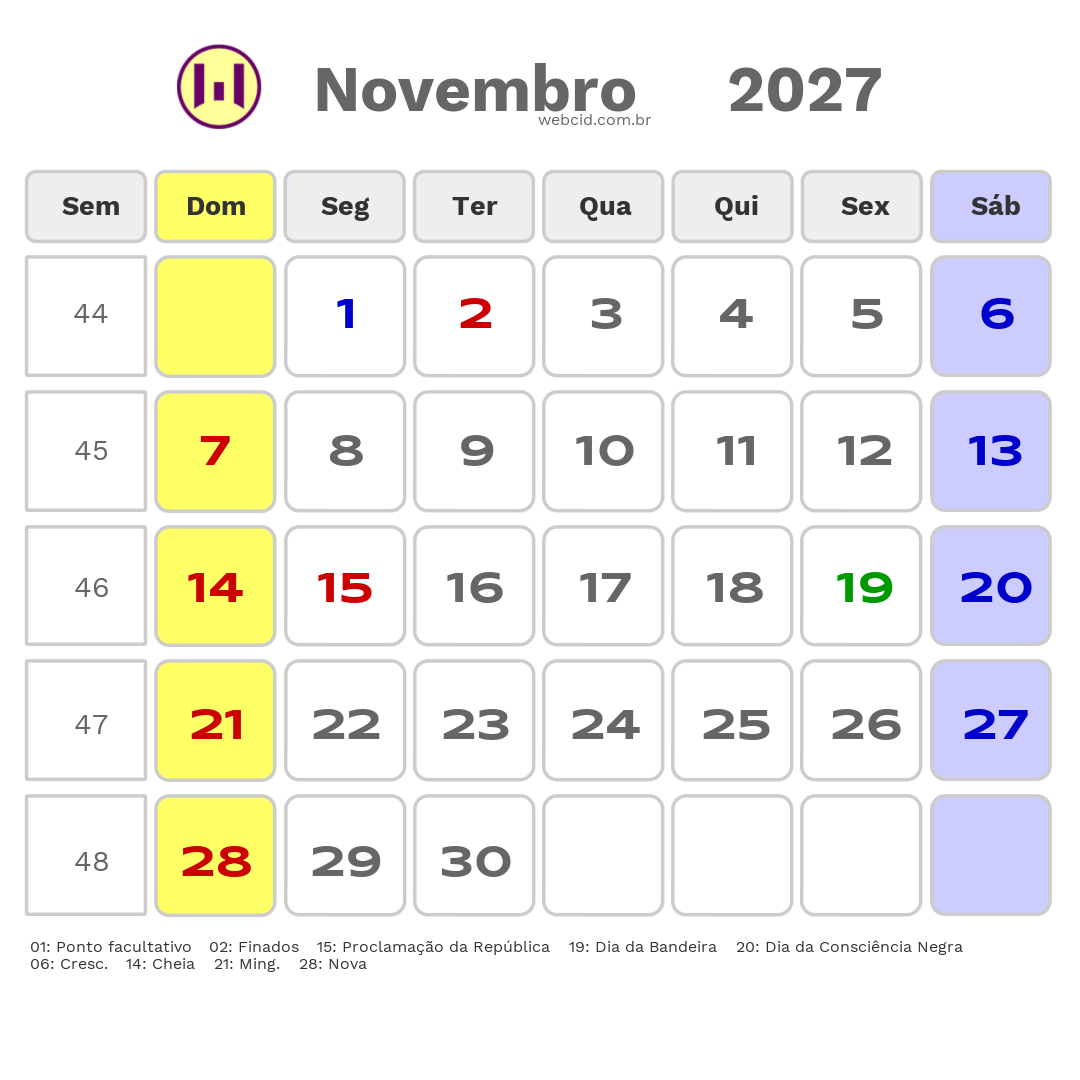 Calendário 2027 - Novembro - Não-Me-Toque-RS com feriados e fases da lua