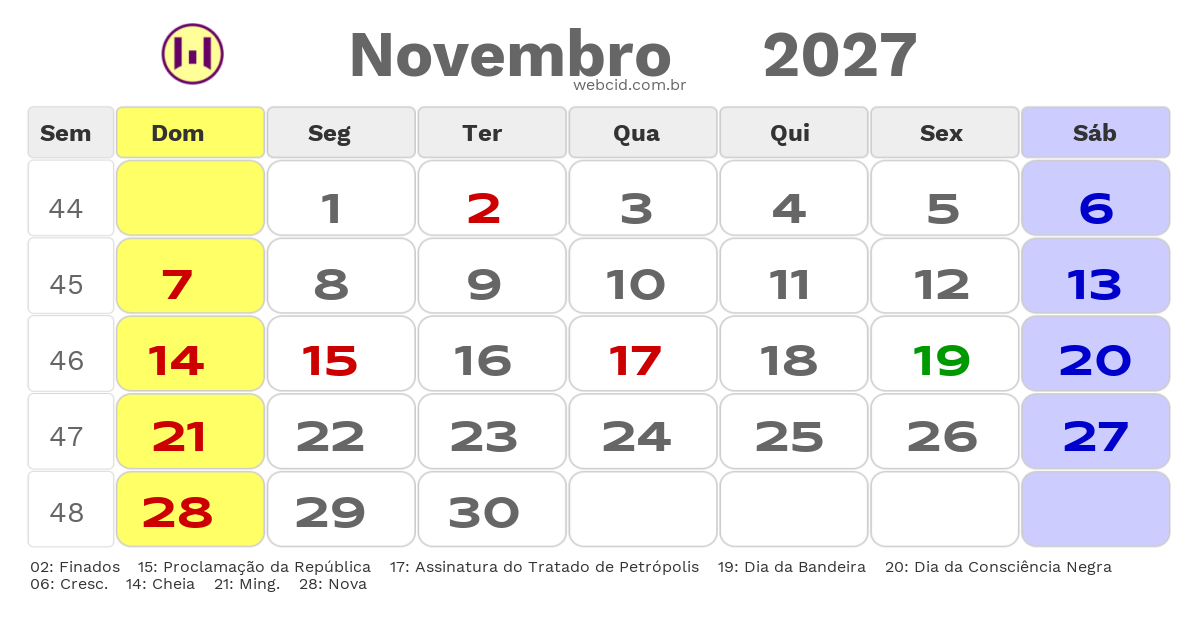 Calendário 2027 - Novembro - Feijó-AC com feriados e fases da lua