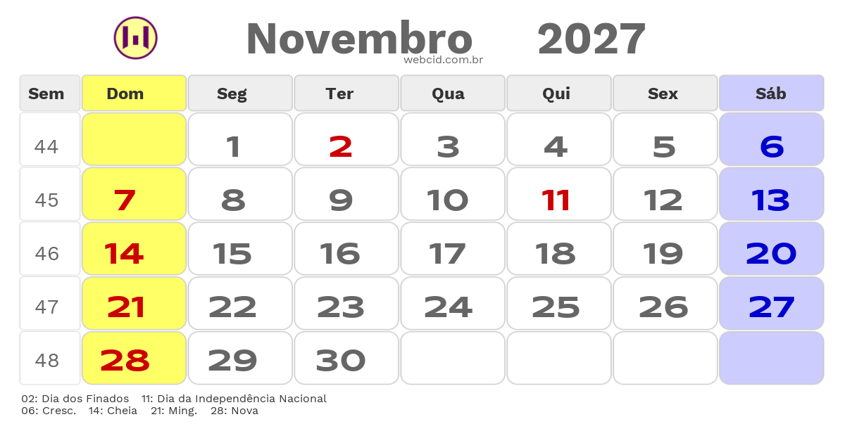 Calendário 2027 - Novembro - Angola com feriados e fases da lua