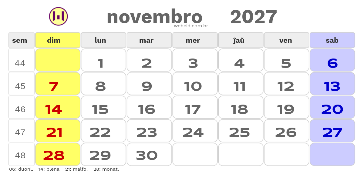 Kalendaro 2027 - novembro - Esperanto-ESPERANTO com feriados e fases da lua