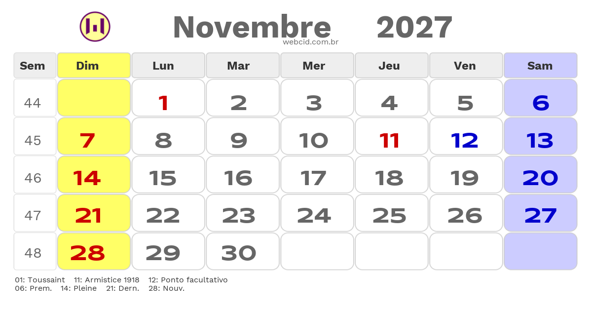 Calendrier 2027 - Novembre - La France com feriados e fases da lua