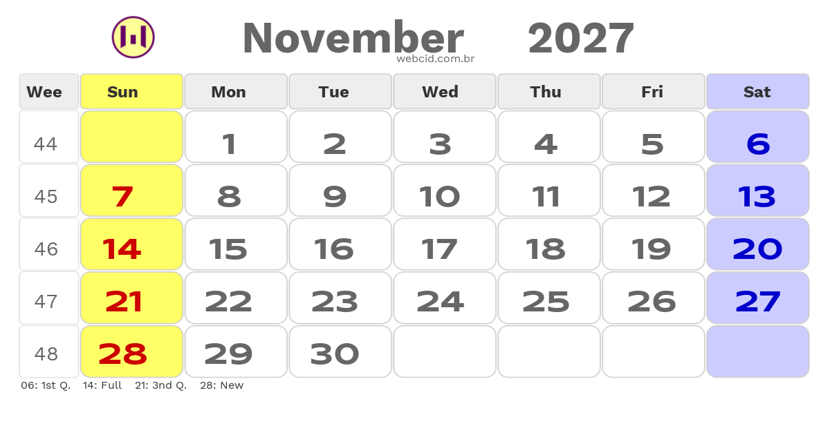 Calendar 2027 - November - Inglaterra com feriados e fases da lua