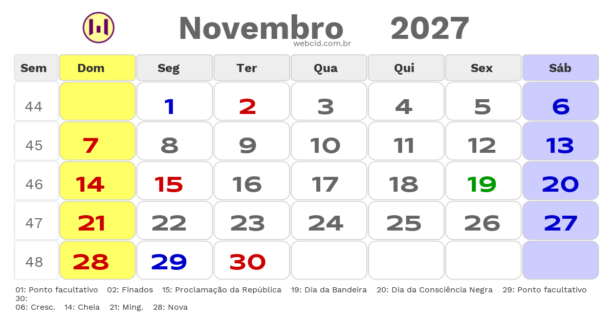 Calendário 2027 - Novembro - Santa Cruz-RN com feriados e fases da lua