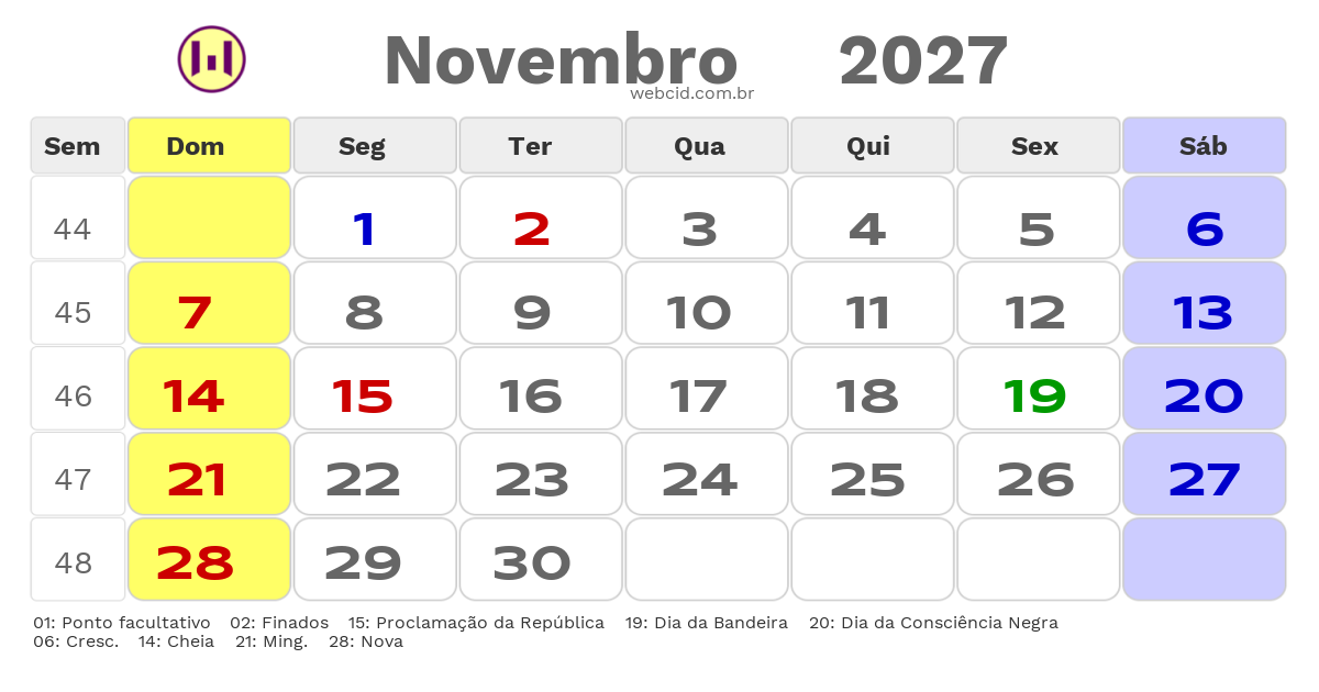 Calendário 2027 - Novembro - Fernandopolis-SP com feriados e fases da lua