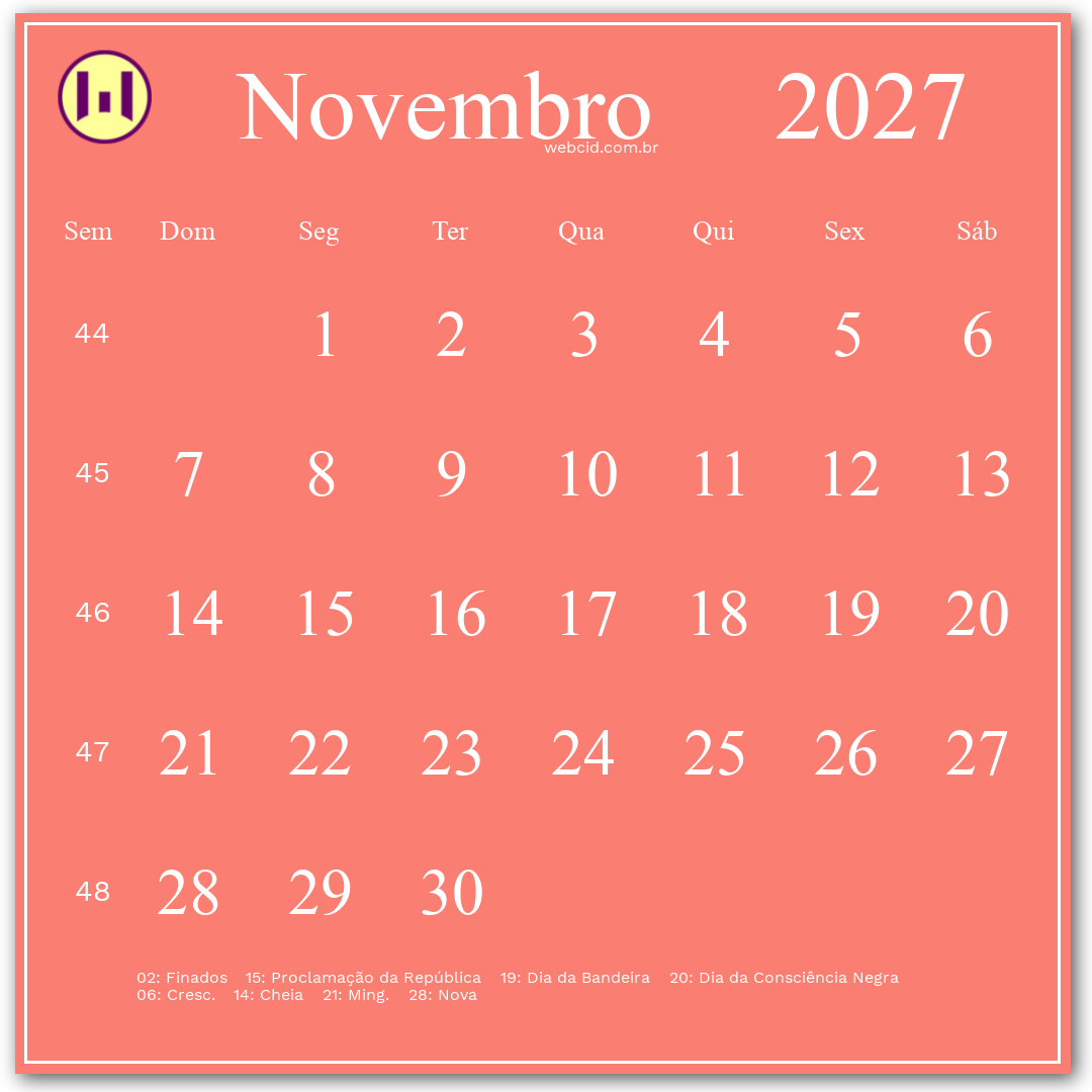 Calendário 2027 - Novembro - Brasil com feriados e fases da lua