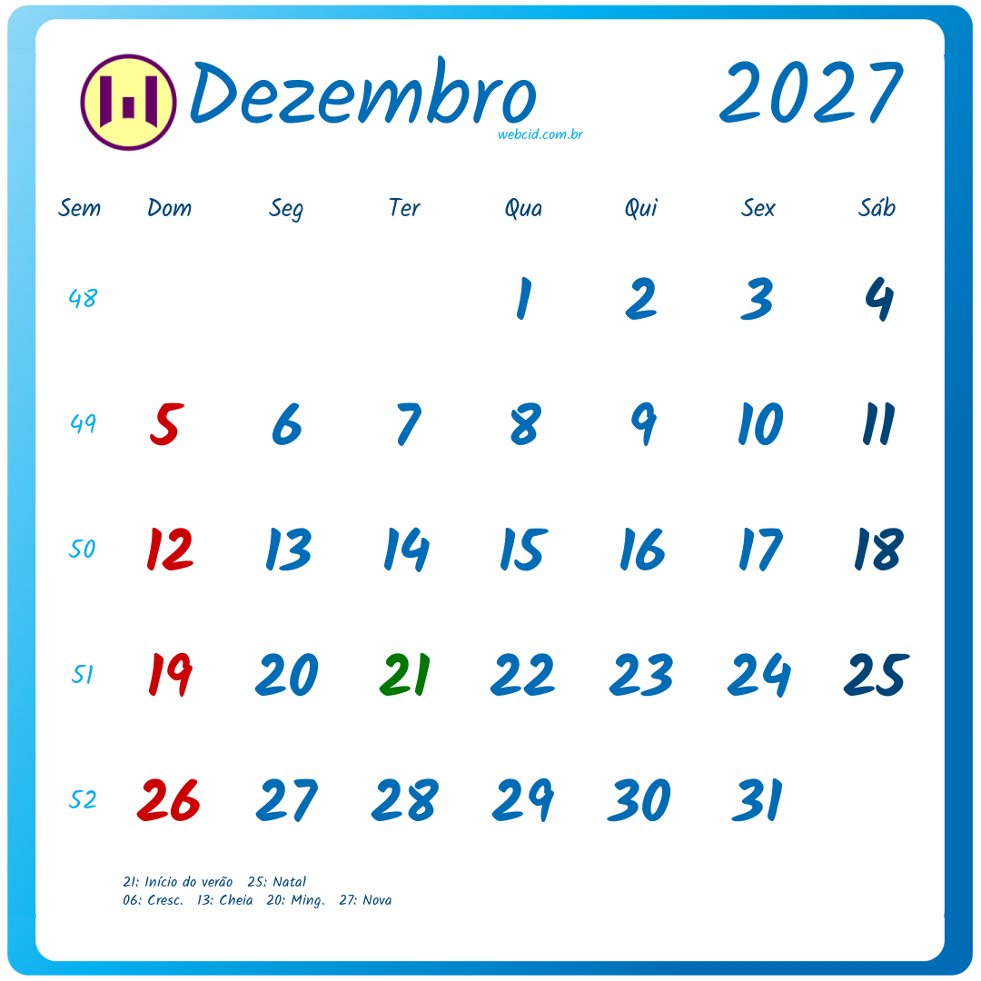Calendário 2027 - Dezembro - Brasil com feriados e fases da lua