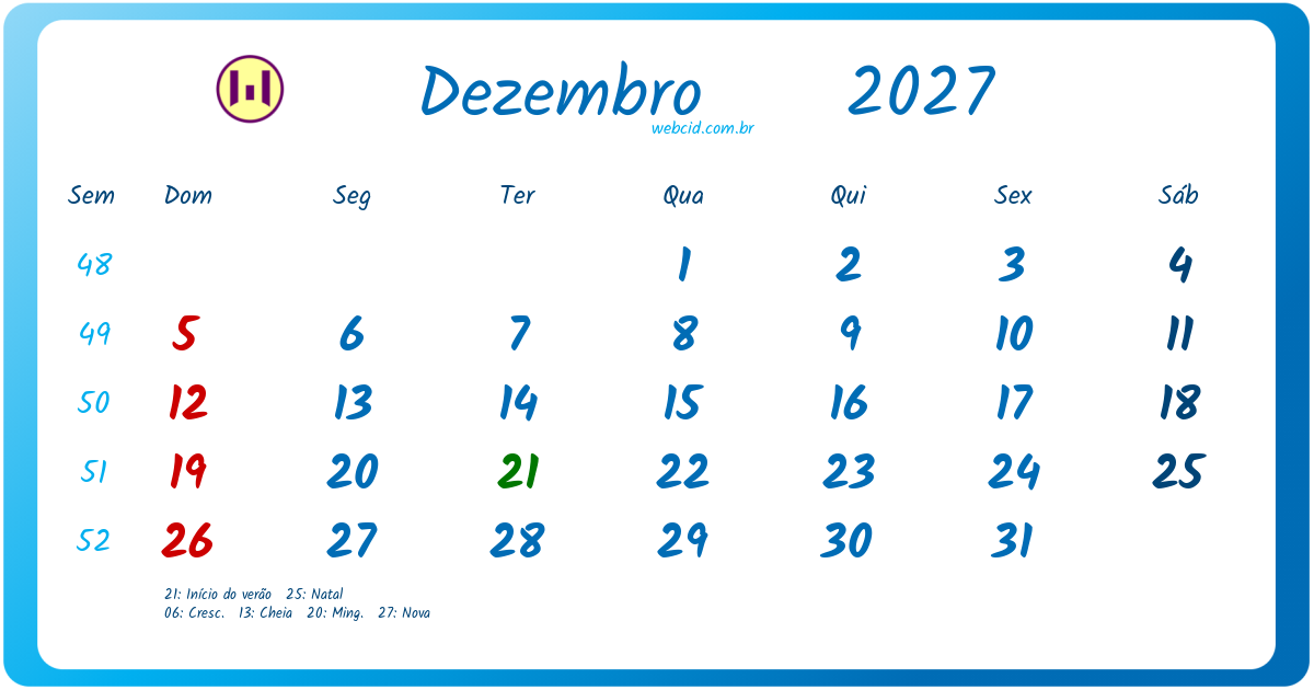 Calendário 2027 - Dezembro - Brasil com feriados e fases da lua