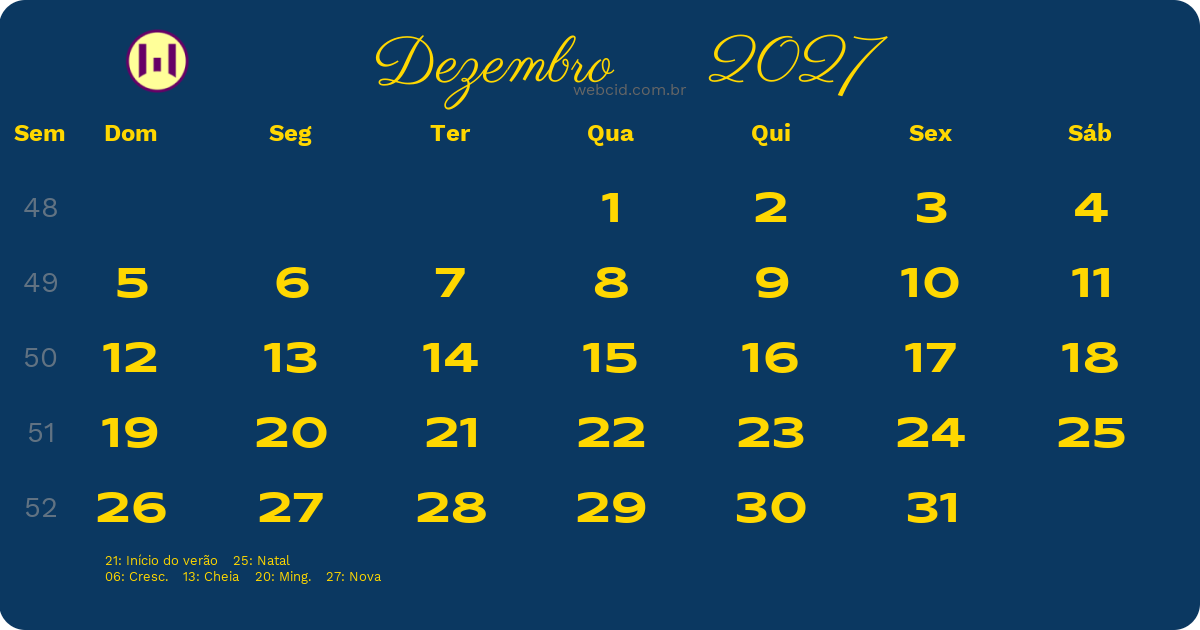 Calendário 2027 - Dezembro - Brasil com feriados e fases da lua