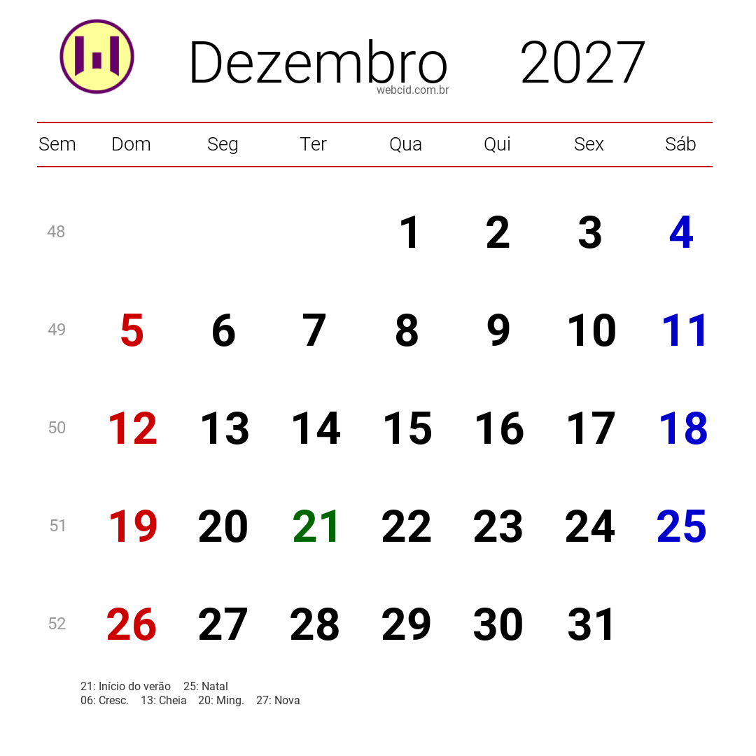 Calendário 2027 - Dezembro - Brasil com feriados e fases da lua