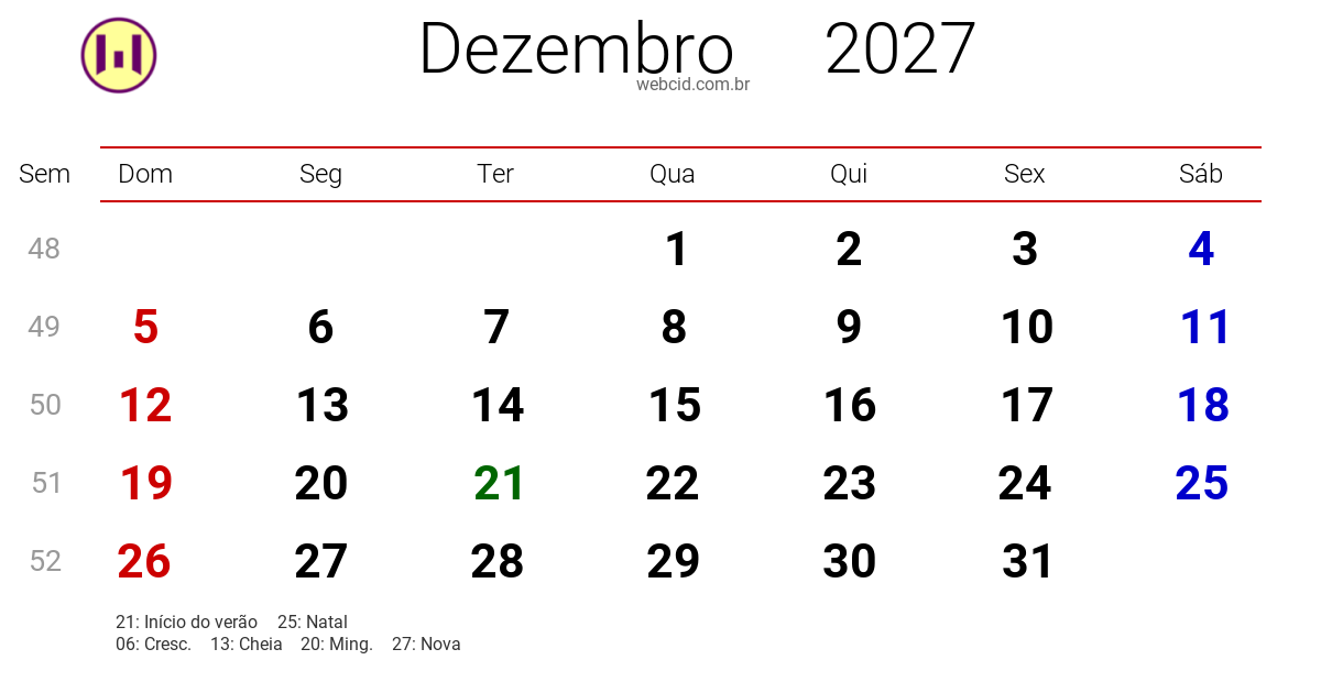 Calendário 2027 - Dezembro - Brasil com feriados e fases da lua