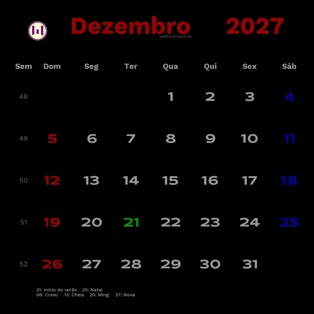 Calendário 2027 - Dezembro - Brasil com feriados e fases da lua