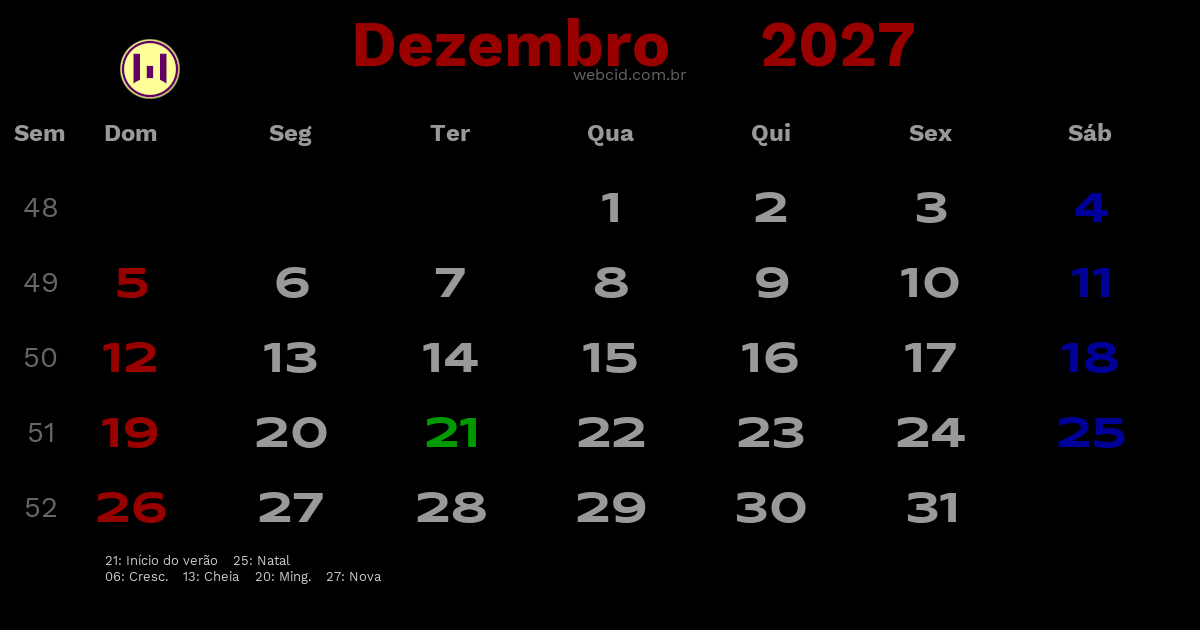 Calendário 2027 - Dezembro - Brasil com feriados e fases da lua