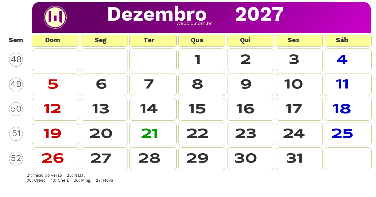 Calendário 2027 - Dezembro - Brasil com feriados e fases da lua