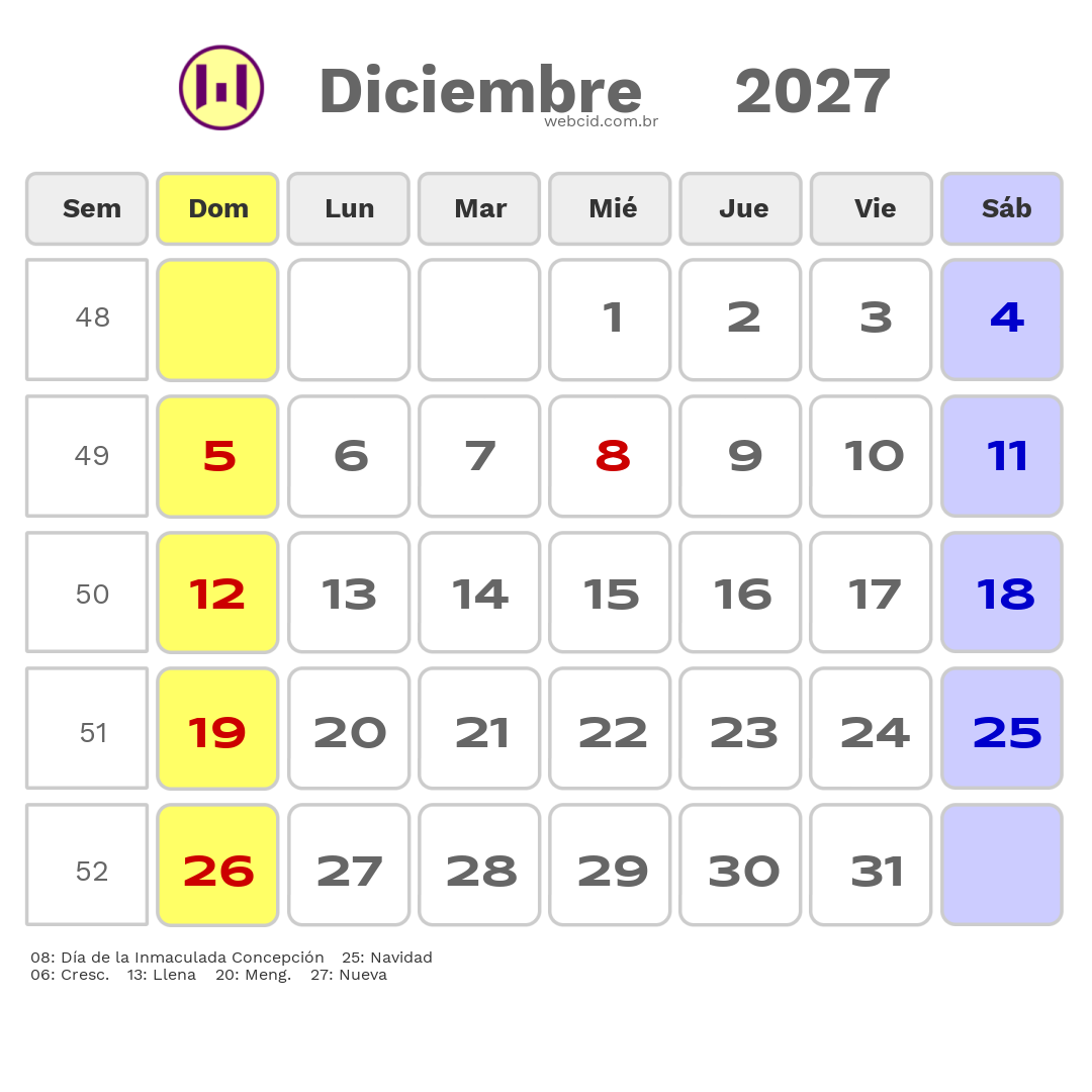 Calendario 2027 - Diciembre - Colômbia com feriados e fases da lua