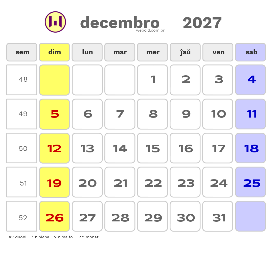 Kalendaro 2027 - decembro - Esperanto-ESPERANTO com feriados e fases da lua