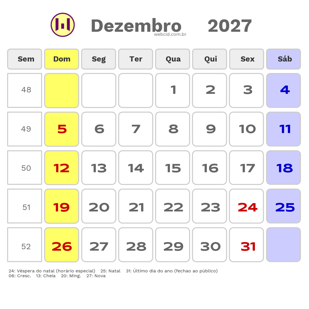 Calendário 2027 - Dezembro - Feriados Bancários com feriados e fases da lua