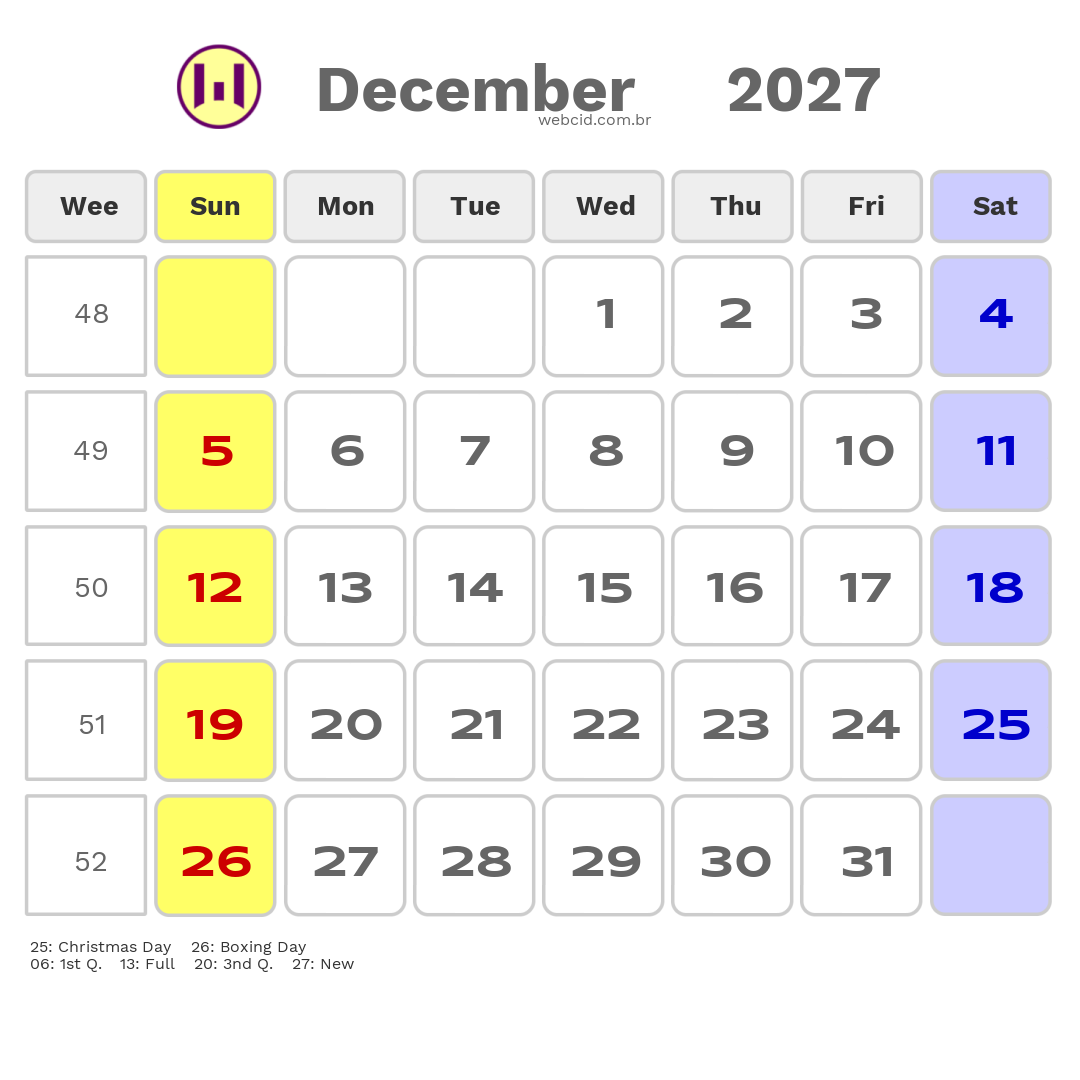 Calendar 2027 - December - Inglaterra com feriados e fases da lua