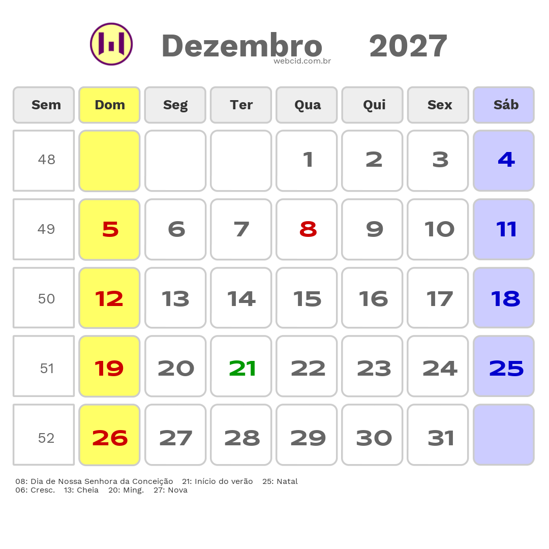 Calendário 2027 - Dezembro - Governador Nunes Freire-MA com feriados e fases da lua