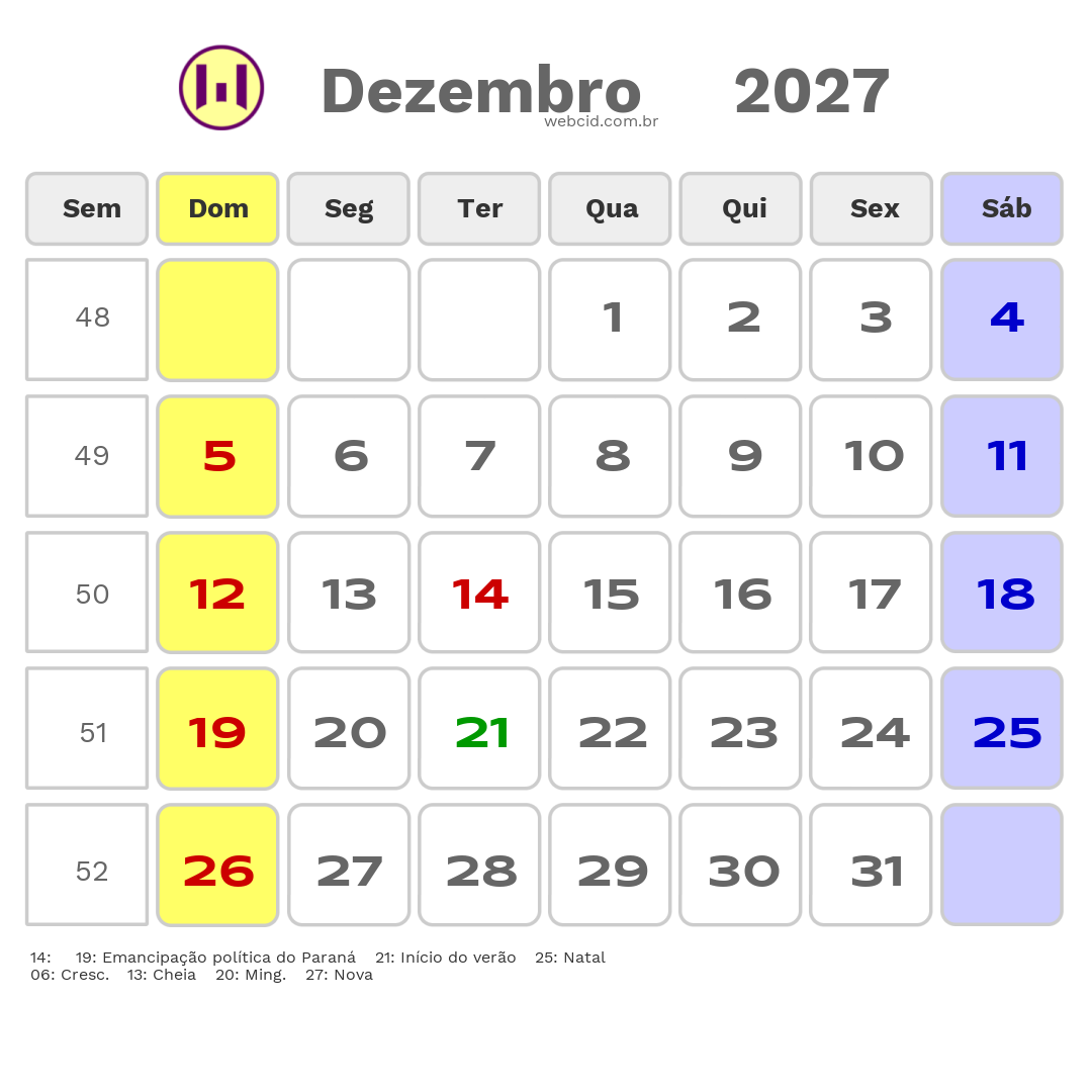 Calendário 2027 - Dezembro - Marilandia do Sul-PR com feriados e fases da lua