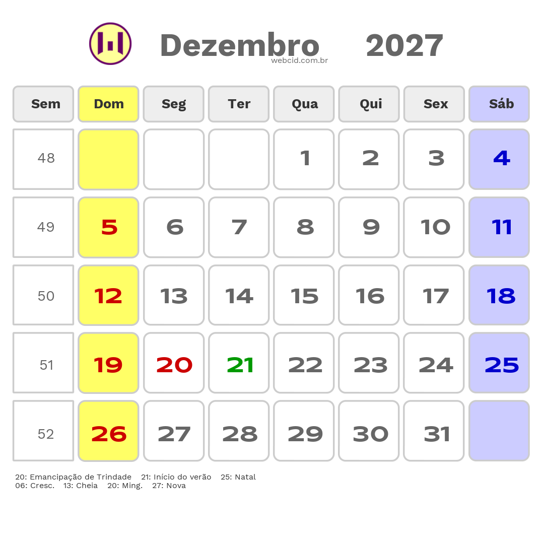 Calendário 2027 - Dezembro - Trindade-PE com feriados e fases da lua