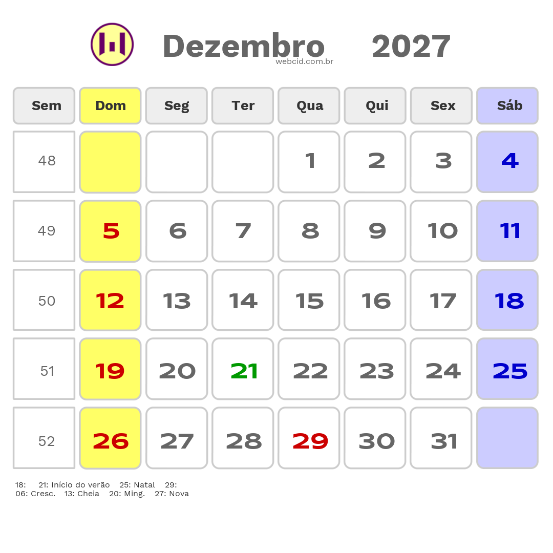 Calendário 2027 - Dezembro - Balneario Gaivota-SC com feriados e fases da lua