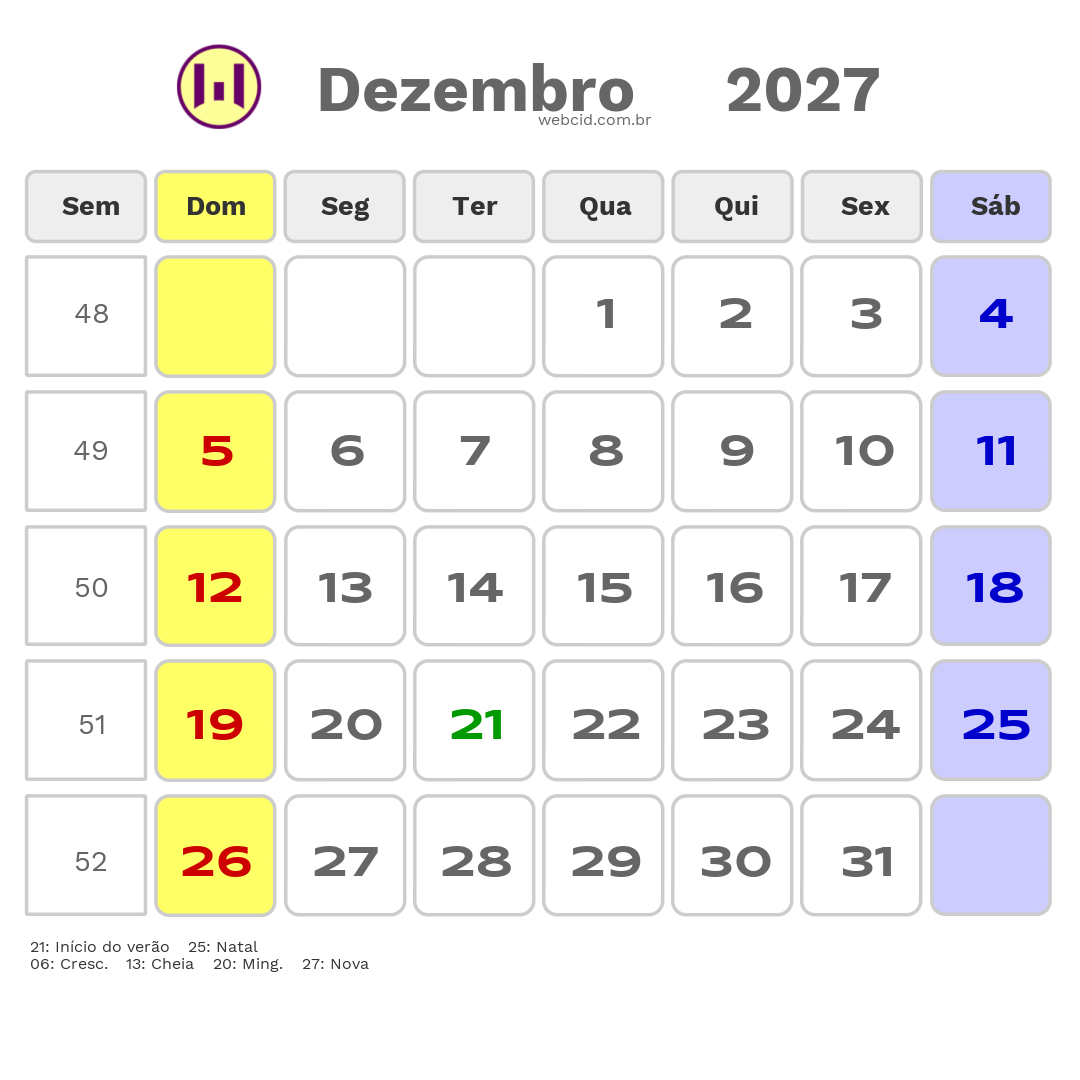 Calendário 2027 - Dezembro - Ubatuba-SP com feriados e fases da lua