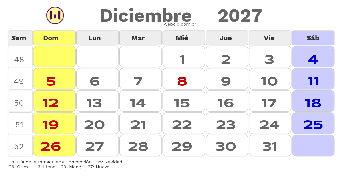 Calendario 2027 - Diciembre - Colômbia com feriados e fases da lua