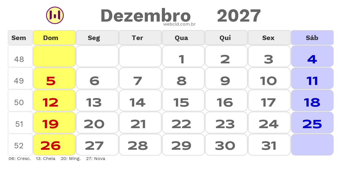 Calendário 2027 - Dezembro - Copa do Mundo FIFA com feriados e fases da lua