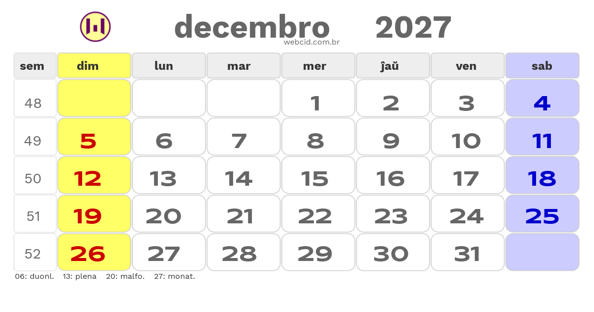 Kalendaro 2027 - decembro - Esperanto-ESPERANTO com feriados e fases da lua