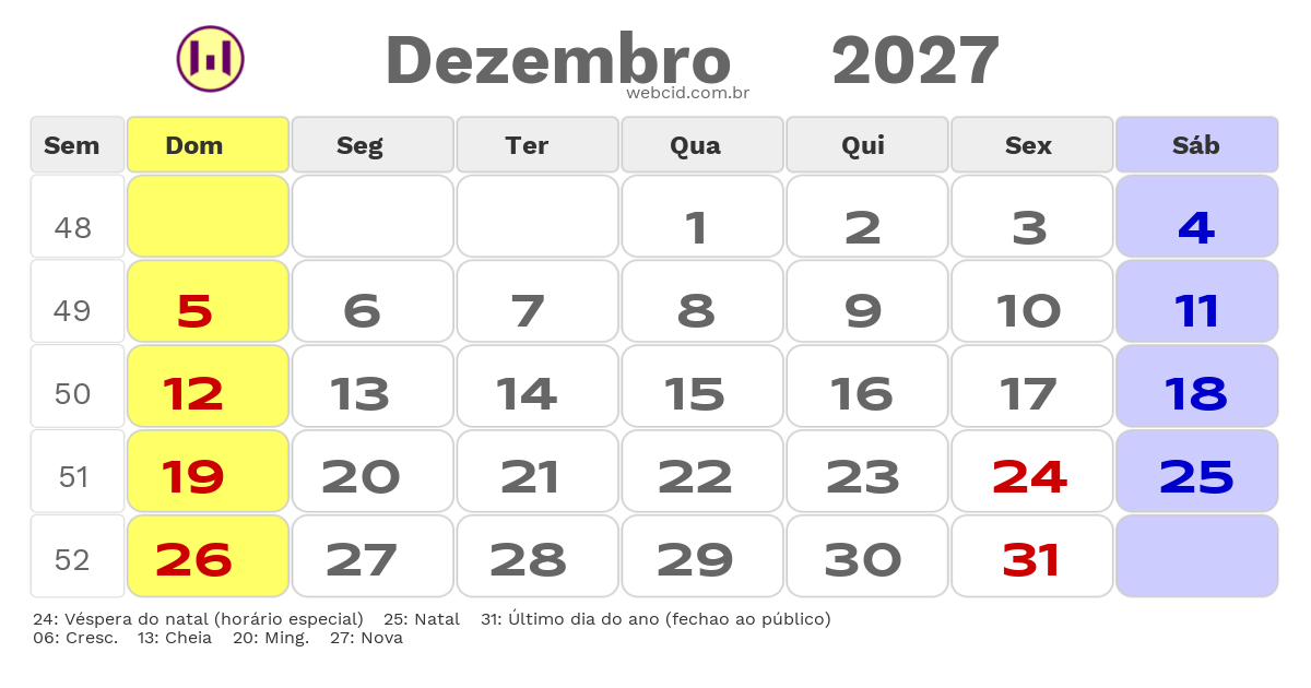 Calendário 2027 - Dezembro - Feriados Bancários com feriados e fases da lua