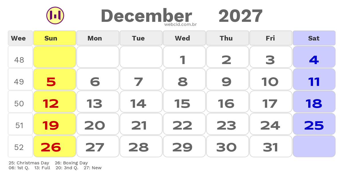 Calendar 2027 - December - Inglaterra com feriados e fases da lua