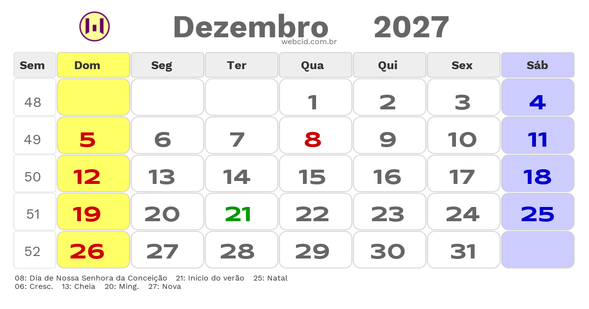 Calendário 2027 - Dezembro - Governador Nunes Freire-MA com feriados e fases da lua