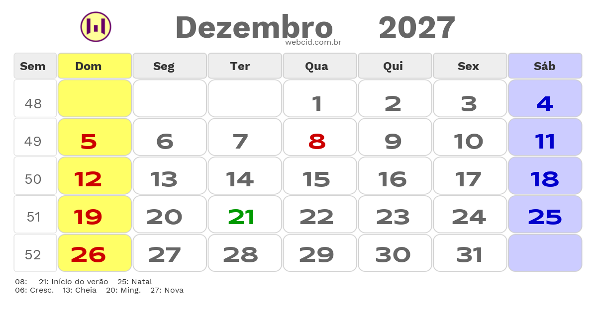 Calendário 2027 - Dezembro - Barao de Cocais-MG com feriados e fases da lua