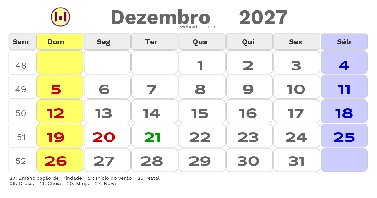 Calendário 2027 - Dezembro - Trindade-PE com feriados e fases da lua
