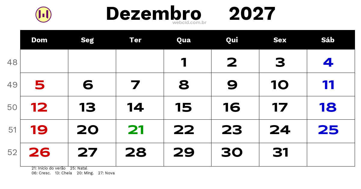 Calendário 2027 - Dezembro - Brasil com feriados e fases da lua