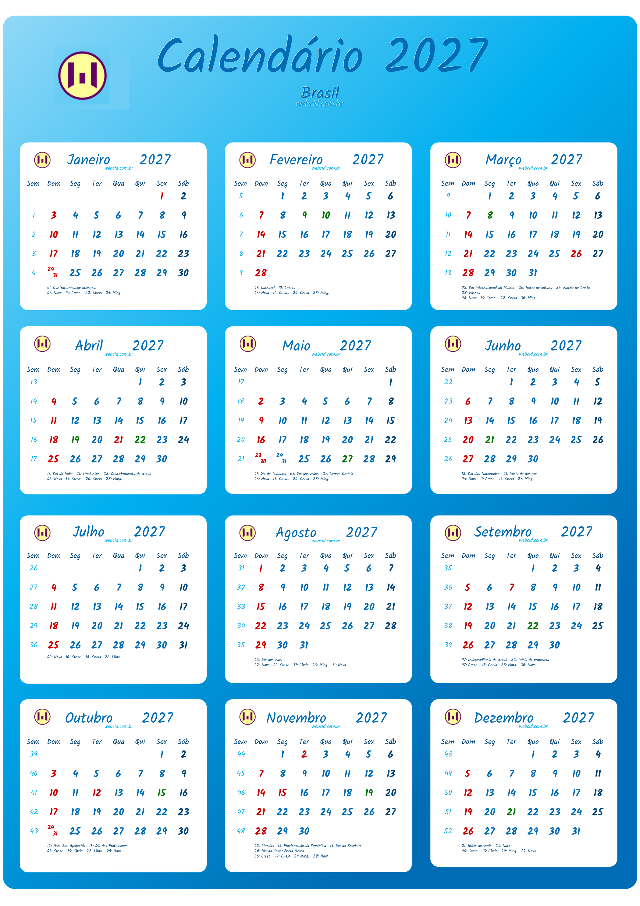 Calendário 2027 - Brasil com feriados e fases da lua