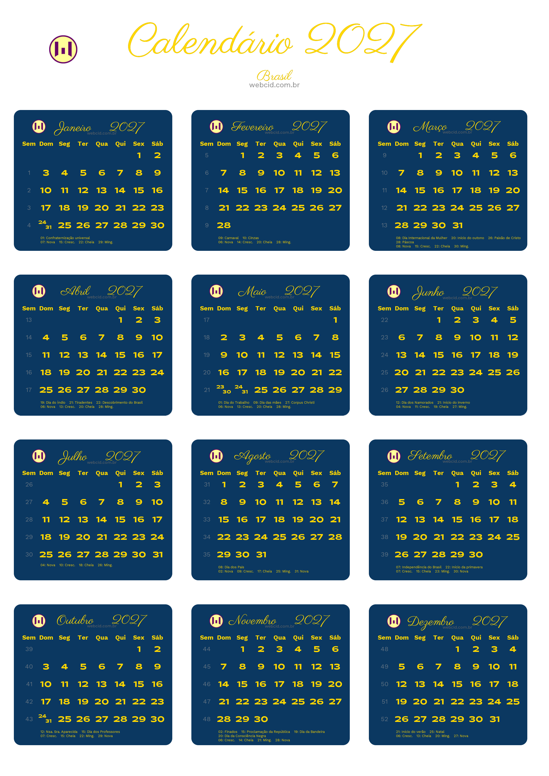 Calendário 2027 - Brasil com feriados e fases da lua