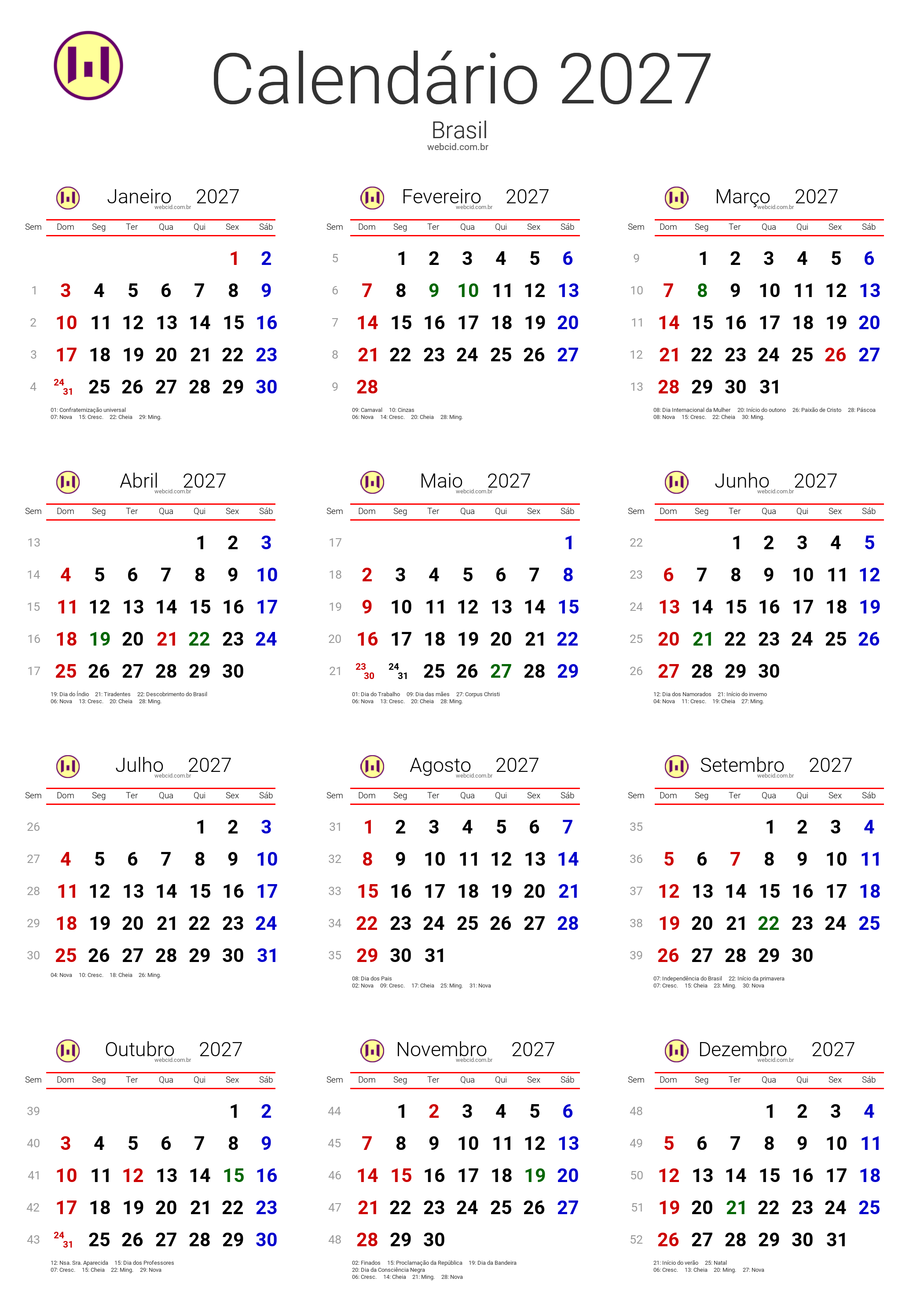 Calendário 2027 - Brasil com feriados e fases da lua