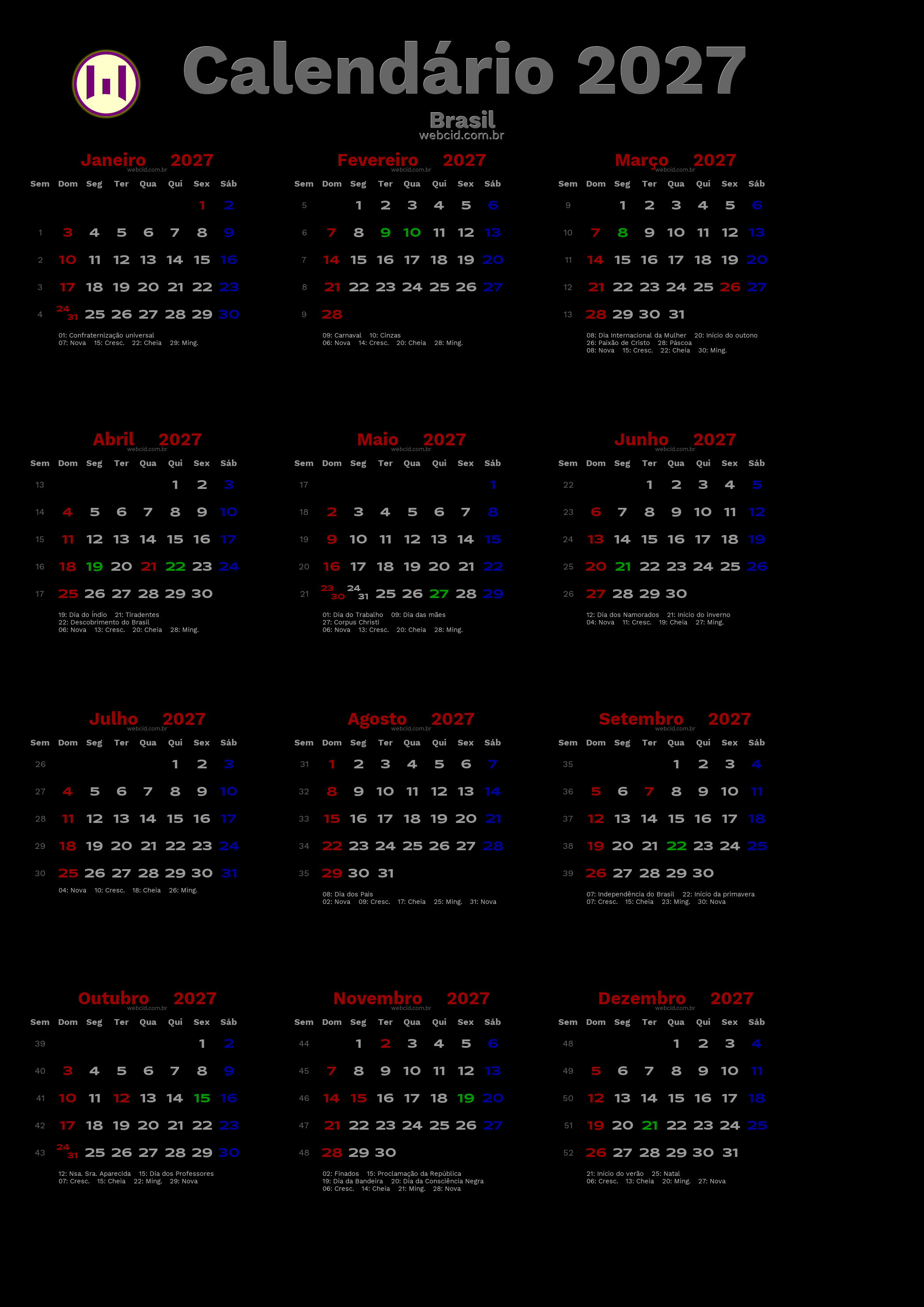 Calendário 2027 - Brasil com feriados e fases da lua