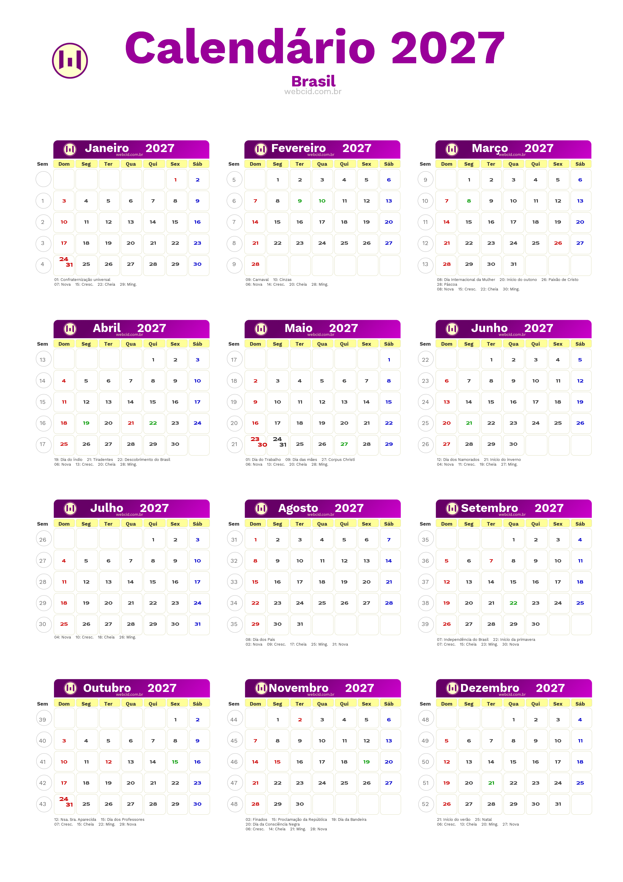 Calendário 2027 - Brasil com feriados e fases da lua