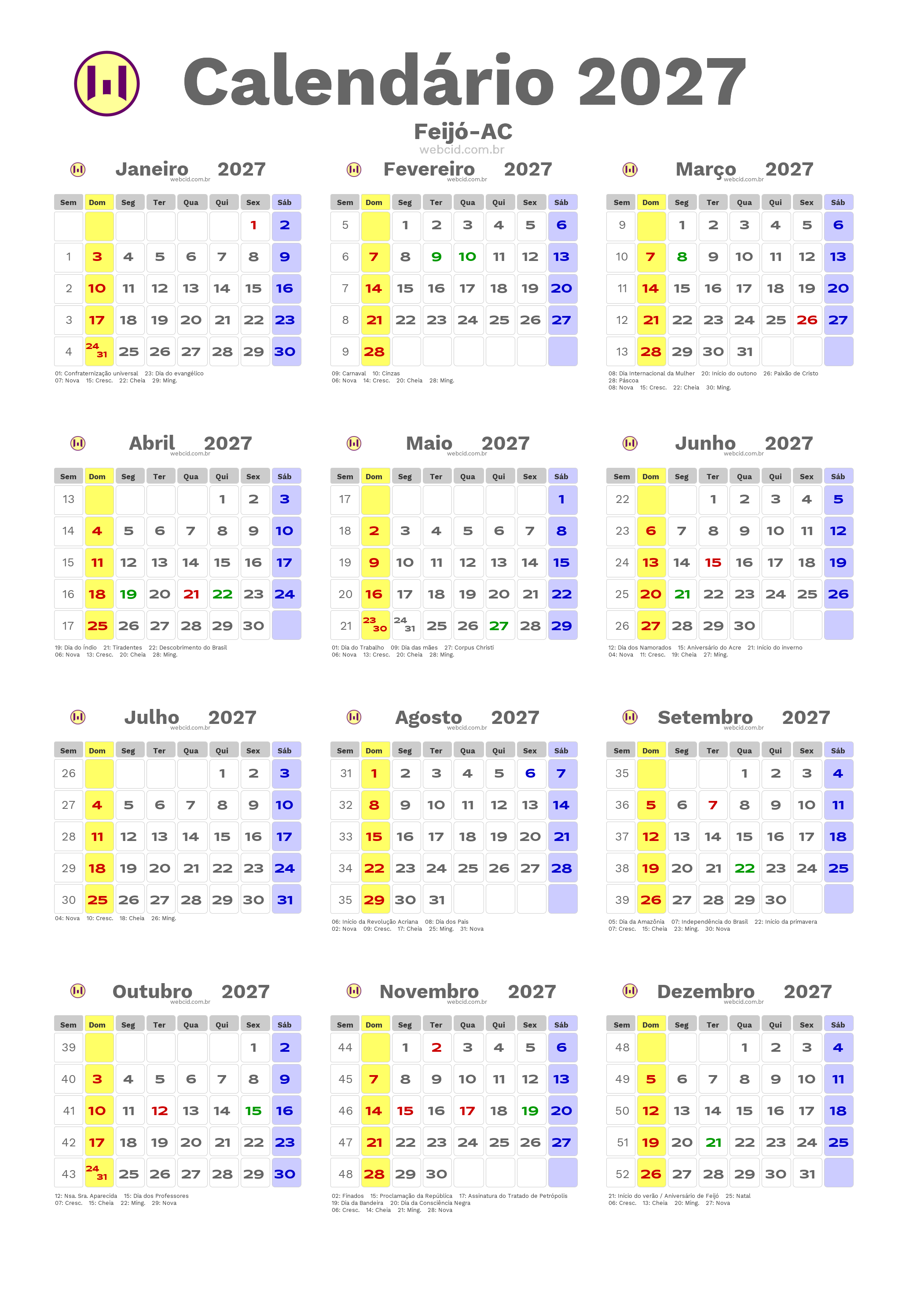Calendário 2027 - Feijó-AC com feriados e fases da lua