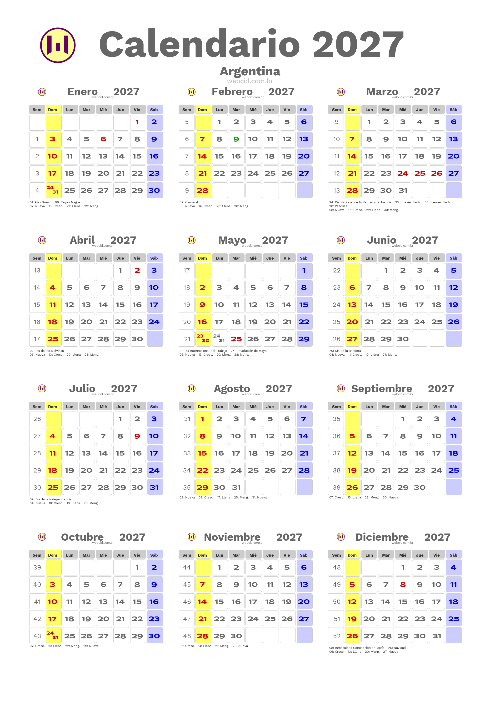 Calendario 2027 - Argentina com feriados e fases da lua