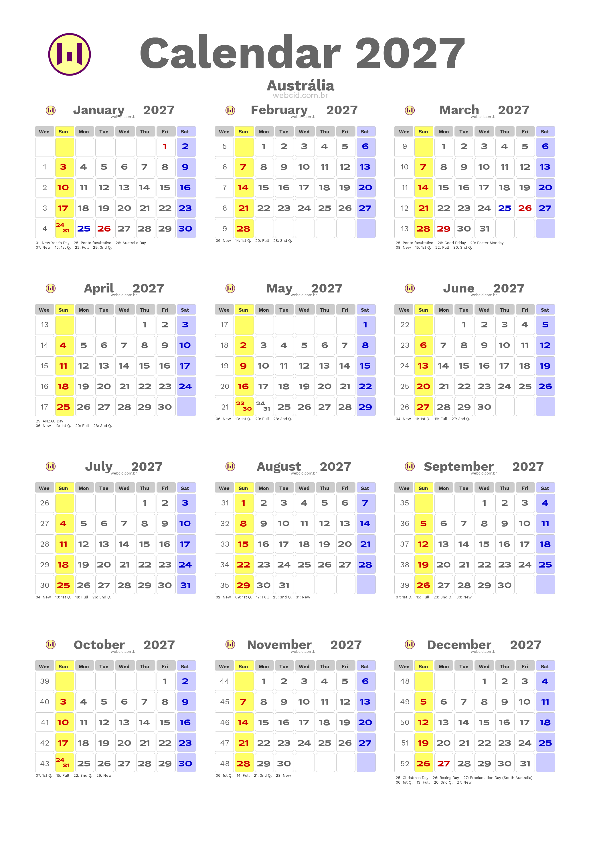 Calendar 2027 - Austrália com feriados e fases da lua