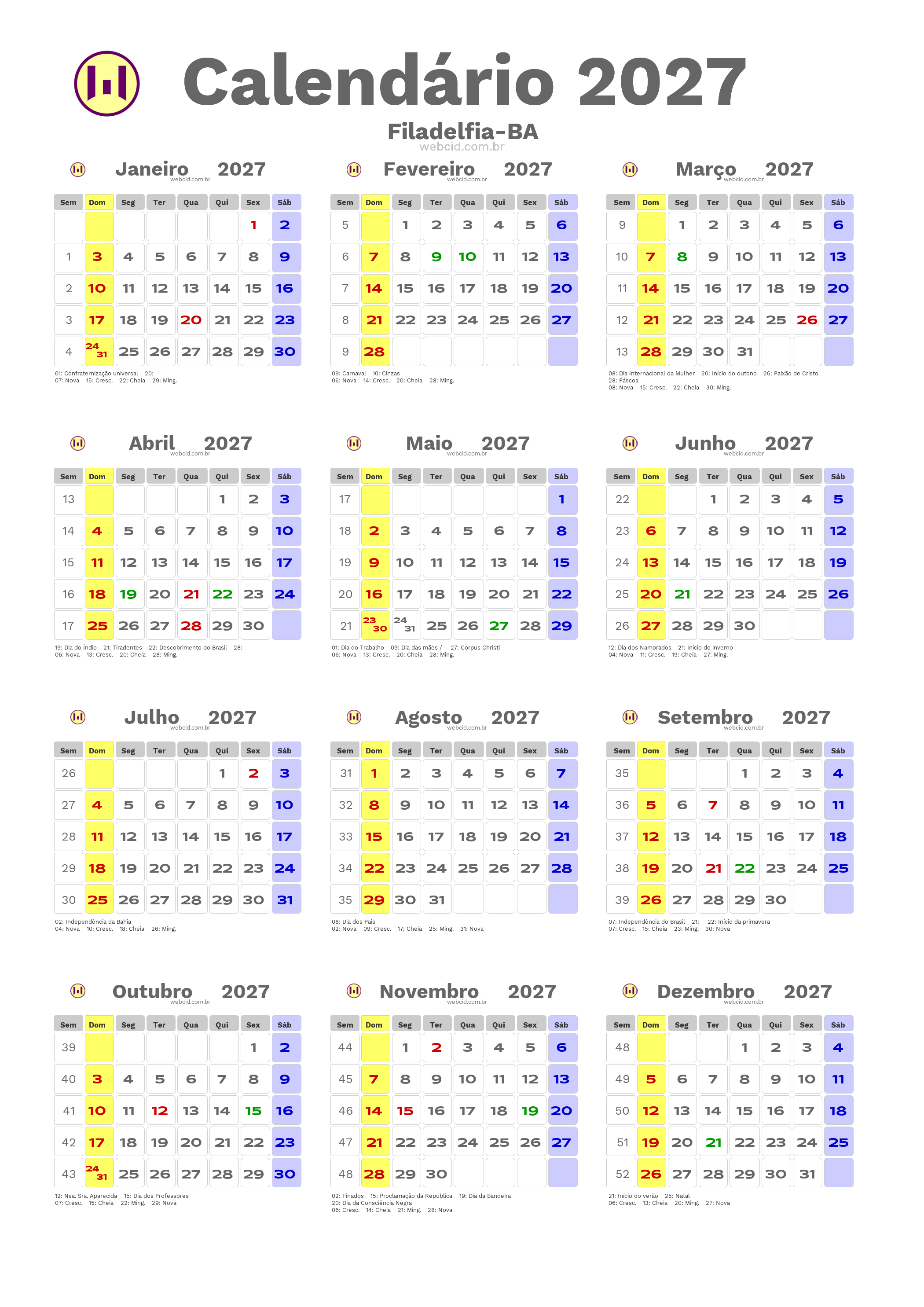 Calendário 2027 - Filadelfia-BA com feriados e fases da lua