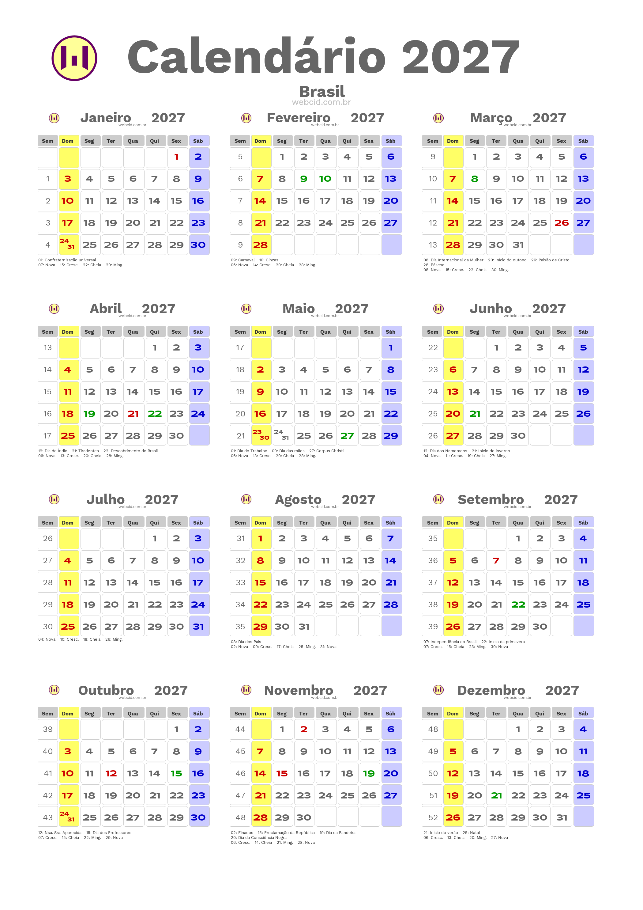 Calendário 2027 - Brasil com feriados e fases da lua