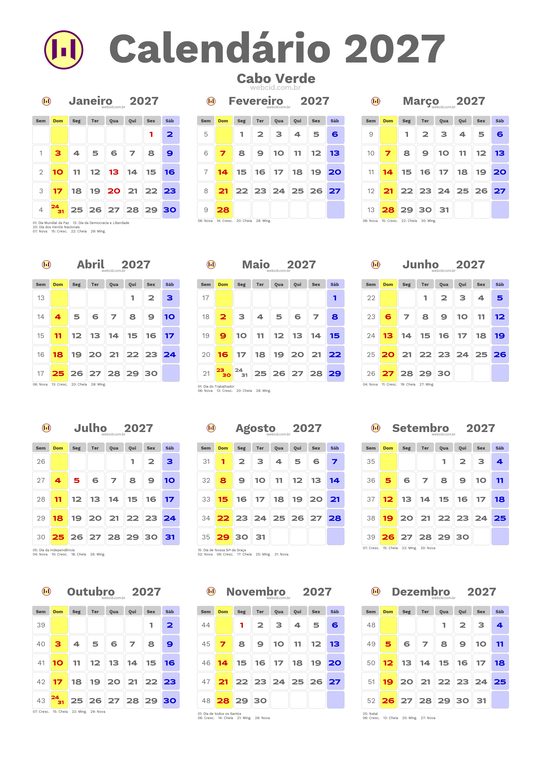 Calendário 2027 - Cabo Verde com feriados e fases da lua