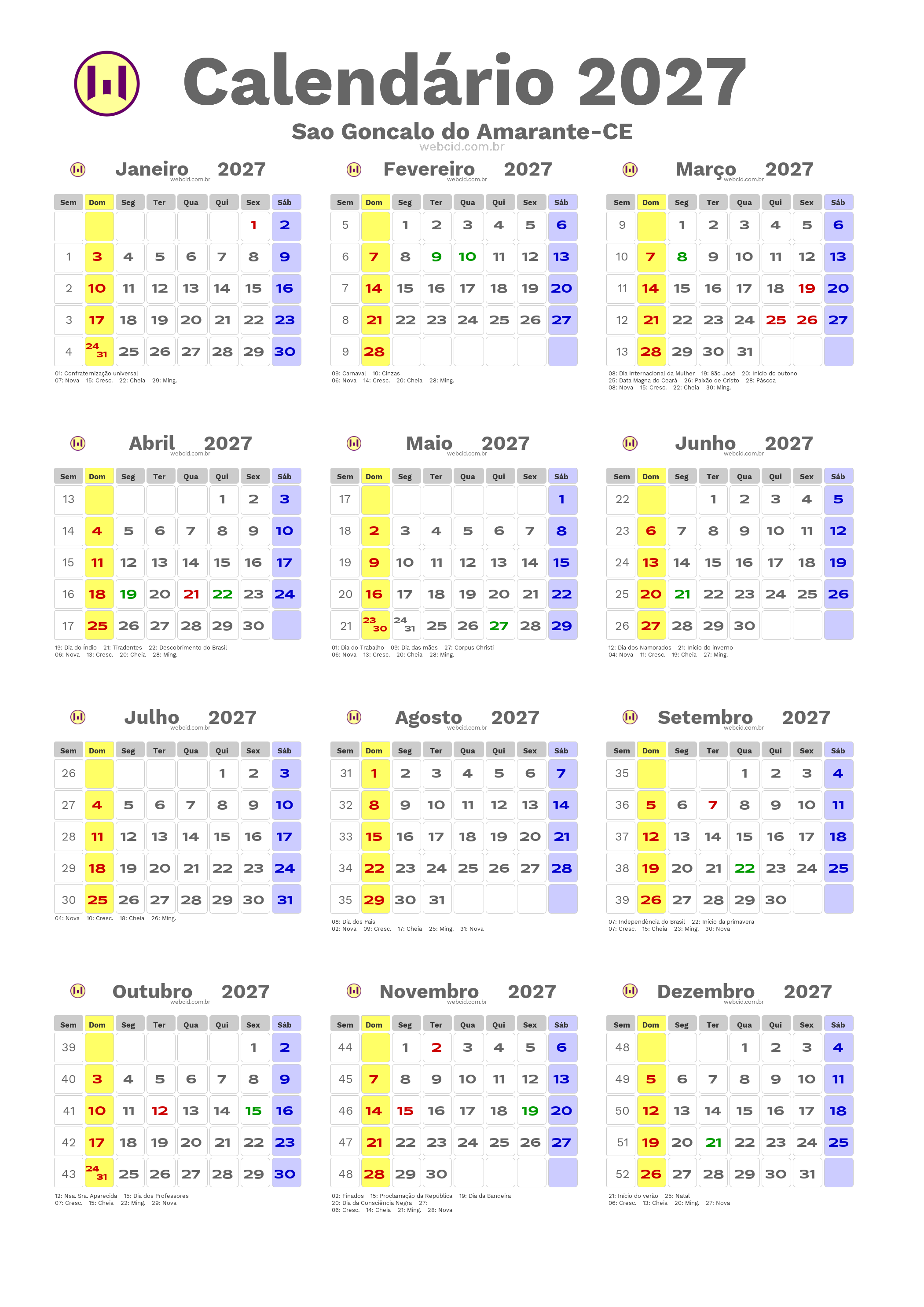 Calendário 2027 - Sao Goncalo do Amarante-CE com feriados e fases da lua