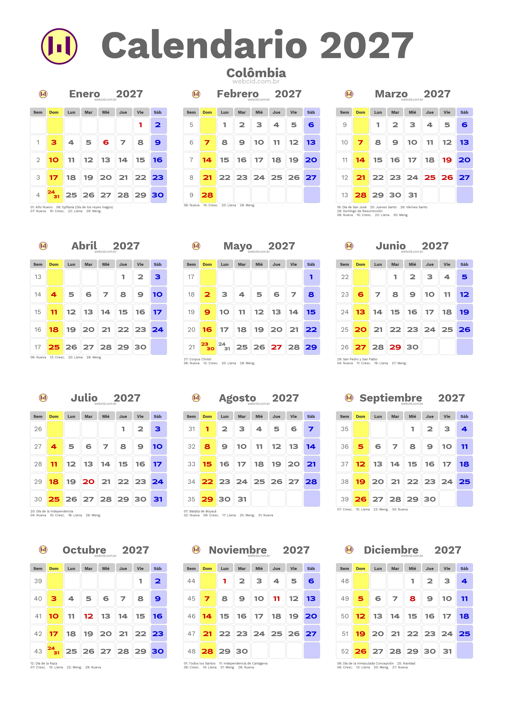 Calendario 2027 - Colômbia com feriados e fases da lua